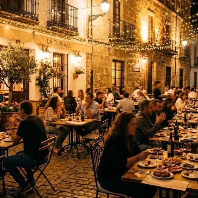 Una vivace terrazza di un ristorante spagnolo di sera, che illustra gli orari Spagna posticipati per la cena.