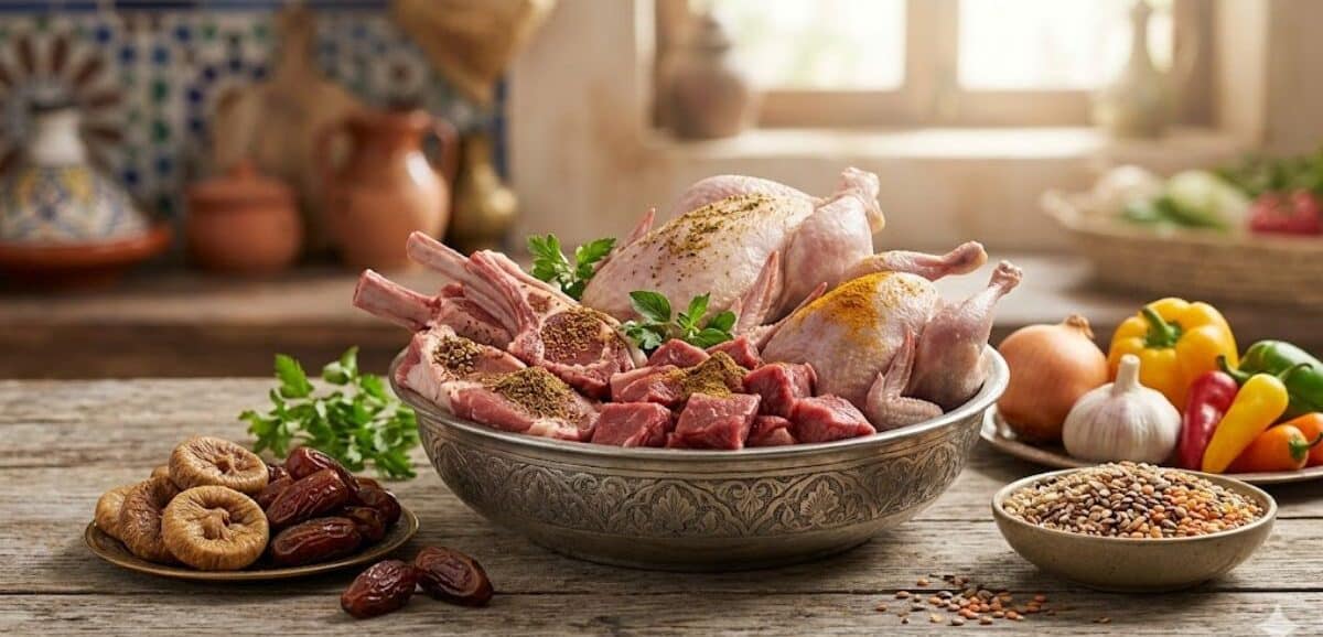 Un primo piano di carni halal e spezie su un tavolo di legno, rappresentando le tradizioni alimentari islamiche.