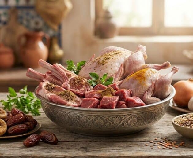 Un primo piano di carni halal e spezie su un tavolo di legno, rappresentando le tradizioni alimentari islamiche.