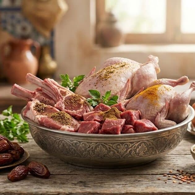 Un primo piano di carni halal e spezie su un tavolo di legno, rappresentando le tradizioni alimentari islamiche.