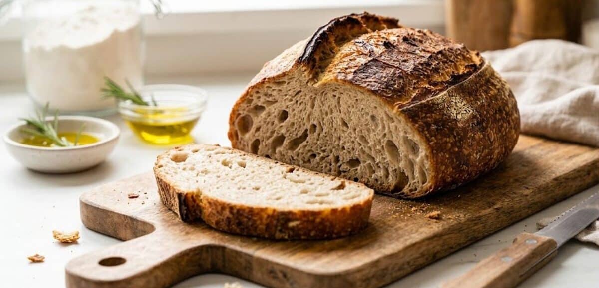 Una pagnotta artigianale tagliata a metà su un tagliere, mostrando la mollica morbida e la crosta croccante, illustrando perché il pane diventa duro.