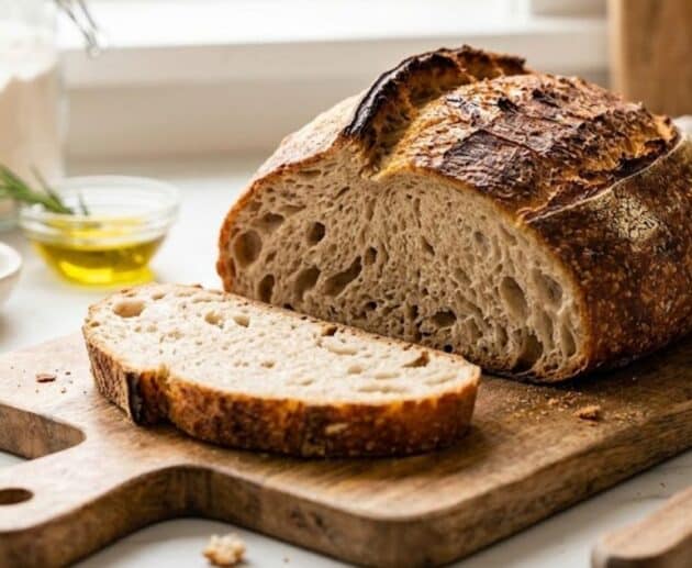 Una pagnotta artigianale tagliata a metà su un tagliere, mostrando la mollica morbida e la crosta croccante, illustrando perché il pane diventa duro.