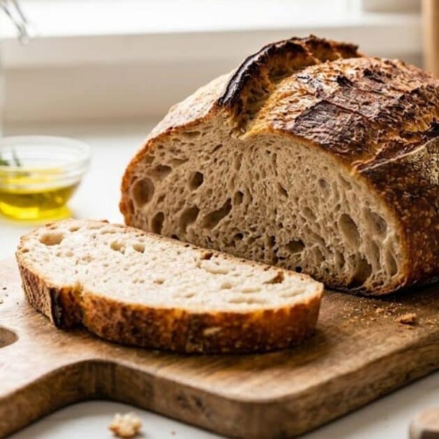 Una pagnotta artigianale tagliata a metà su un tagliere, mostrando la mollica morbida e la crosta croccante, illustrando perché il pane diventa duro.