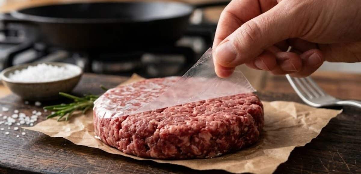 Rimuovere la pellicola trasparente da un hamburger crudo prima di cuocerlo.