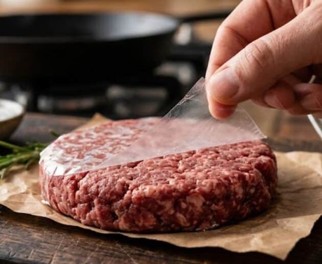 Rimuovere la pellicola trasparente da un hamburger crudo prima di cuocerlo.