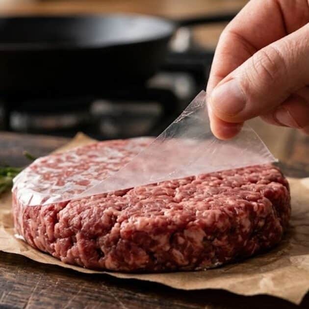 Rimuovere la pellicola trasparente da un hamburger crudo prima di cuocerlo.