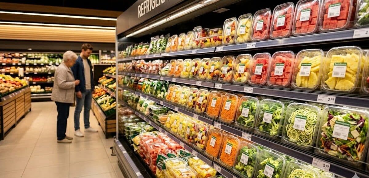 Scaffale del supermercato con frutta e verdura già tagliate e confezionate: perché evitare i prodotti di quarta gamma.
