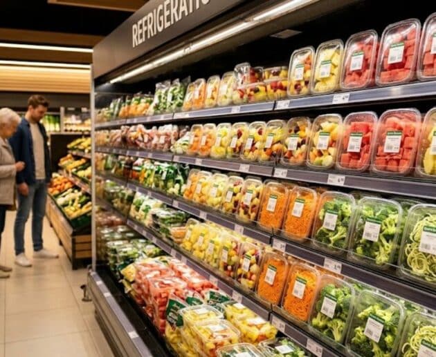Scaffale del supermercato con frutta e verdura già tagliate e confezionate: perché evitare i prodotti di quarta gamma.