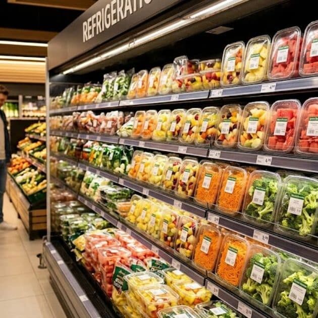 Scaffale del supermercato con frutta e verdura già tagliate e confezionate: perché evitare i prodotti di quarta gamma.